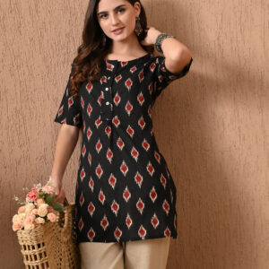 Murlikurti Black Ikat Printed Straight Kurti - Black with Red & Off-White Ikat Print, S