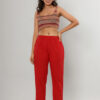 Crimson Red High-Waisted Textured Tapered Trousers - Orange, S