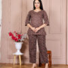 Chocolate Brown Block-Print Cotton Tunic and Straight-Leg Pant Set - Brown Block-Print, S