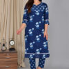 Navy Blue Daisy Print Cotton Kurta Set for Women – 1092 - Navy Blue, M