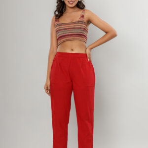 Crimson Red High-Waisted Textured Tapered Trousers - Orange, S