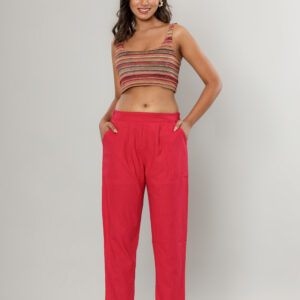 Fuschia Pink High-Waisted Textured Linen-Blend Trousers - Pink, M