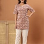 Beige & Grey Ajrakh-Print Cotton Straight Tunic Top