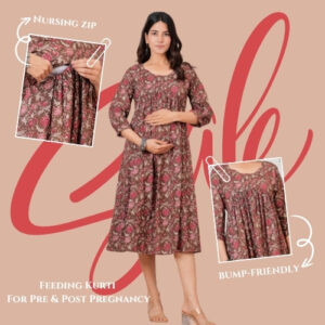Maroon Floral Cotton Maternity & Nursing Midi Dress with Concealed Zip – 703 - Maroon, XL
