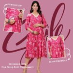 Fuchsia Floral Cotton Maternity & Nursing Midi Dress with V-Neck – 706