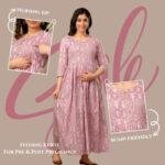 Dusty Pink Leaf Print Cotton Maternity Maxi Dress with Buttons – 2048