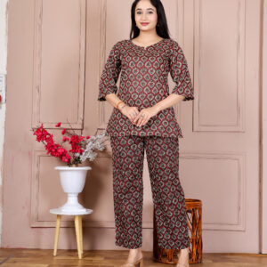 Chocolate Brown Block-Print Cotton Tunic and Straight-Leg Pant Set - Brown Block-Print, S