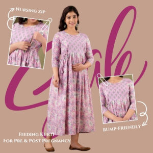 Baby Pink Floral Cotton Anarkali Maternity & Feeding Dress