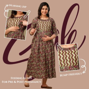 Coffee Brown Floral Cotton Anarkali Maternity & Feeding Dress
