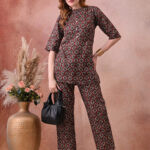 Murli Kurti – Maroon Ajrakh Print Cotton Nursing Co-Ord Set with Button & Zip Access | Maternity Kurta & Bottom Set