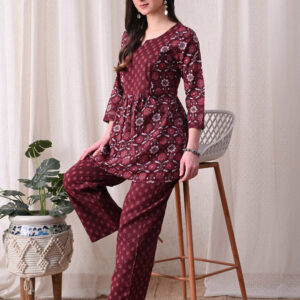 Murli Kurti – Wine Floral Medallion Print Cotton Nursing Anarkali with Zip Access | Maternity Wear for Women