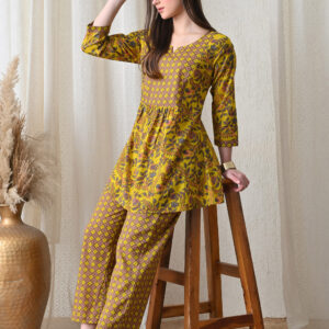 Murli Kurti – Mustard Yellow Mixed Print Cotton Nursing Maxi Dress with Zip Access | Maternity & Loungewear for Women