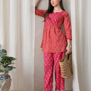 Murli Kurti – Magenta Pink Mughal Mixed Print Cotton Nursing Anarkali with Zip Access | Maternity Wear for Women