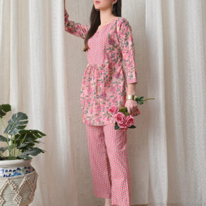 Murli Kurti – Peach Pink Mixed Print Cotton Nursing Kurti & Trouser Co-Ord Set with Zip Access | Maternity Wear for Women